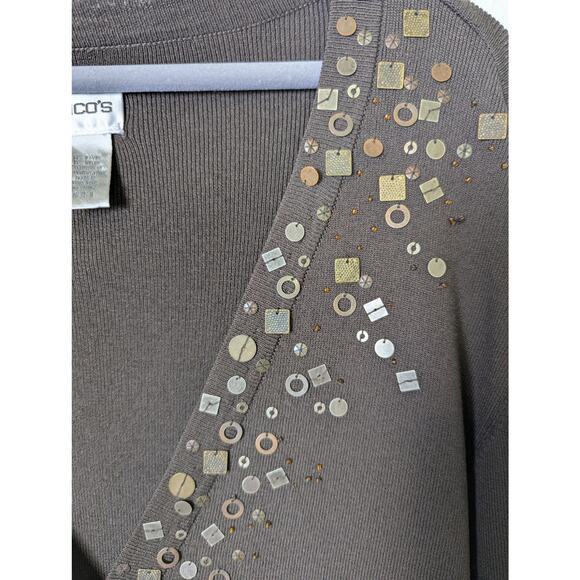 Chico's Metal Bead Detail Brown Knit Open Cardigan Women Size 3 XL Office Artsy - Picture 4 of 9